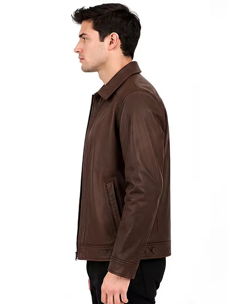 Men's black leather leather jacket, pocket detail