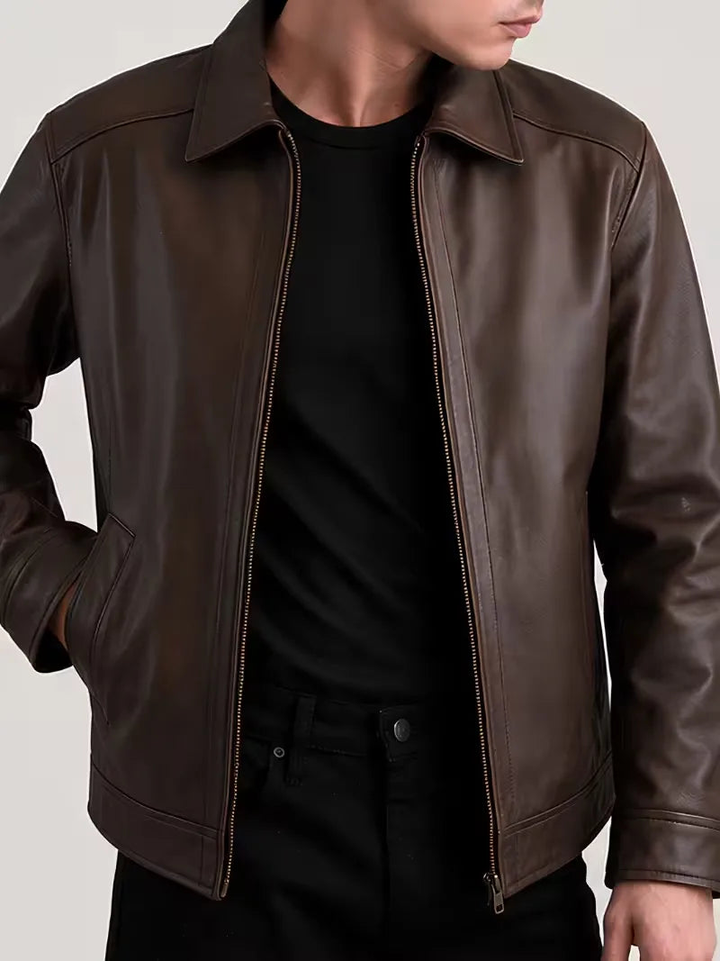 Men's black leather leather jacket, side view