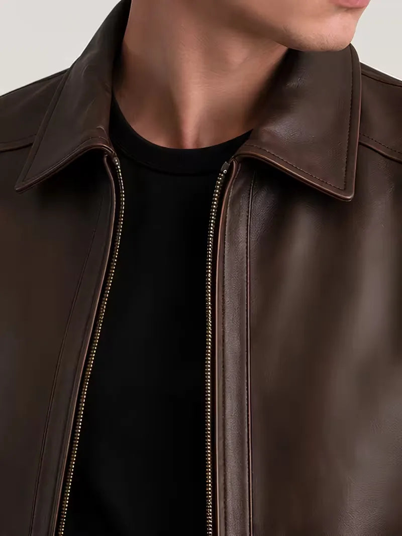 Men's black leather leather jacket, collar detail