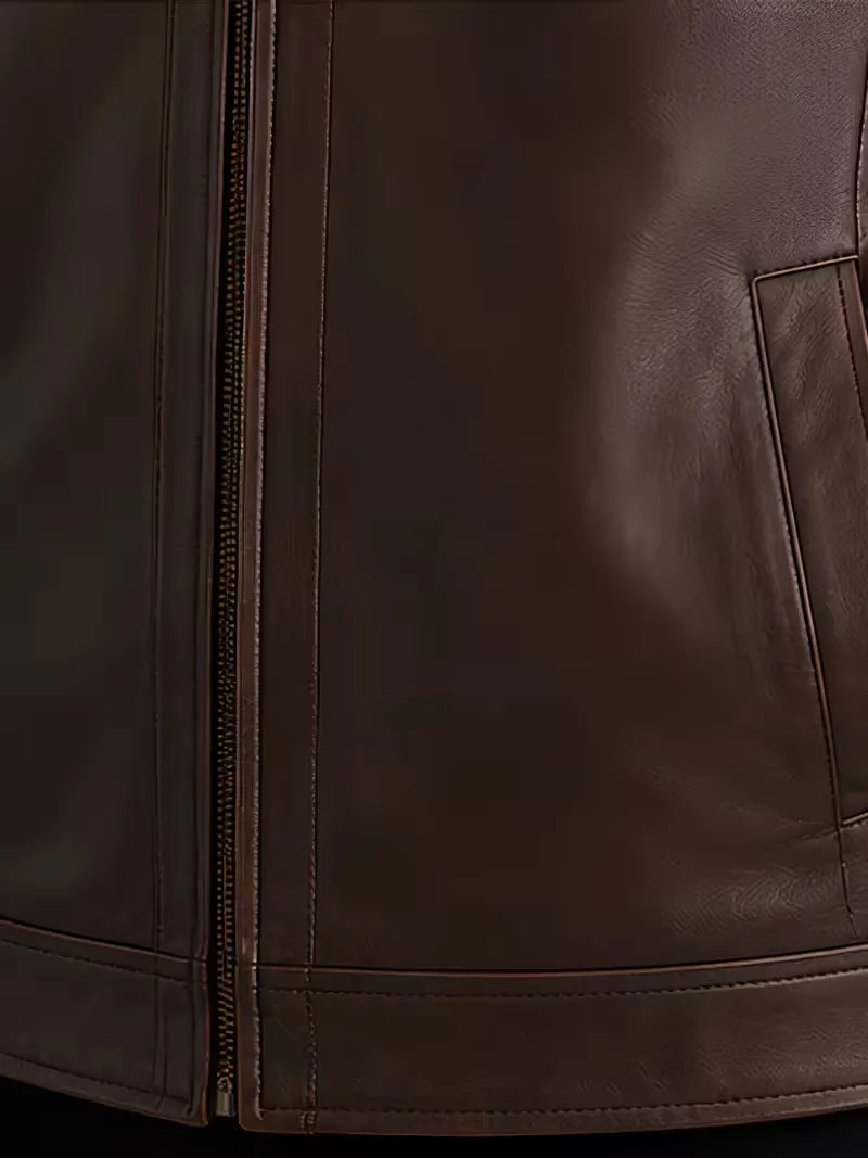 Men's black leather leather jacket, zip and closure detail