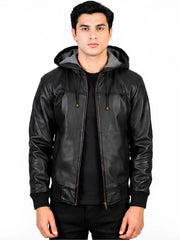 Men's black sheepskin leather hooded jacket, front view