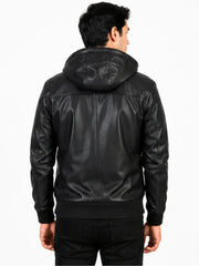 Men's black sheepskin leather hooded jacket, back view