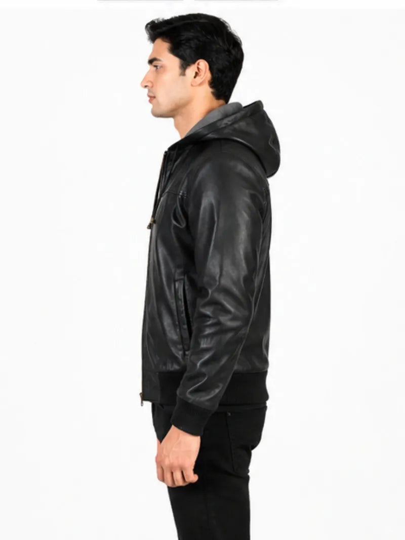 Men's black sheepskin leather hooded jacket, side view