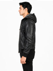 Men's black sheepskin leather hooded jacket, side view