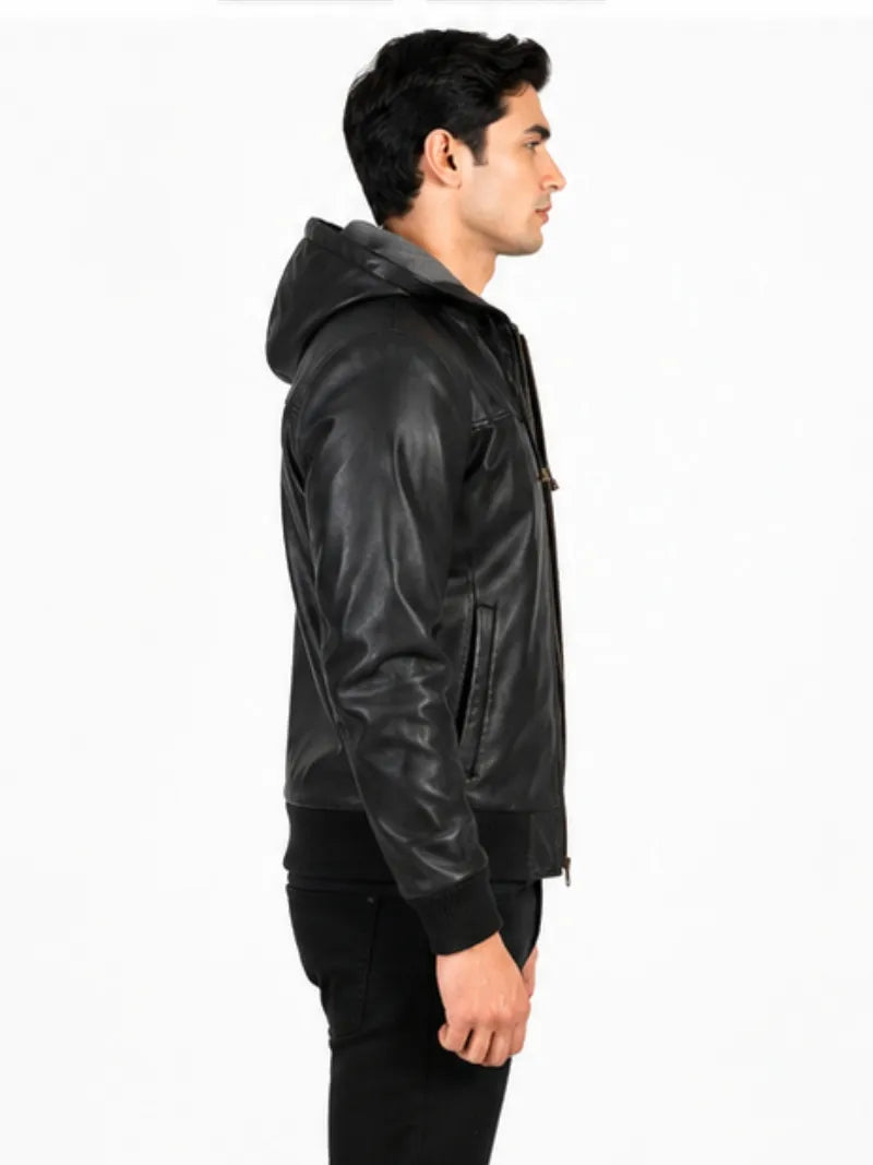 Men's black sheepskin leather hooded jacket, collar detail
