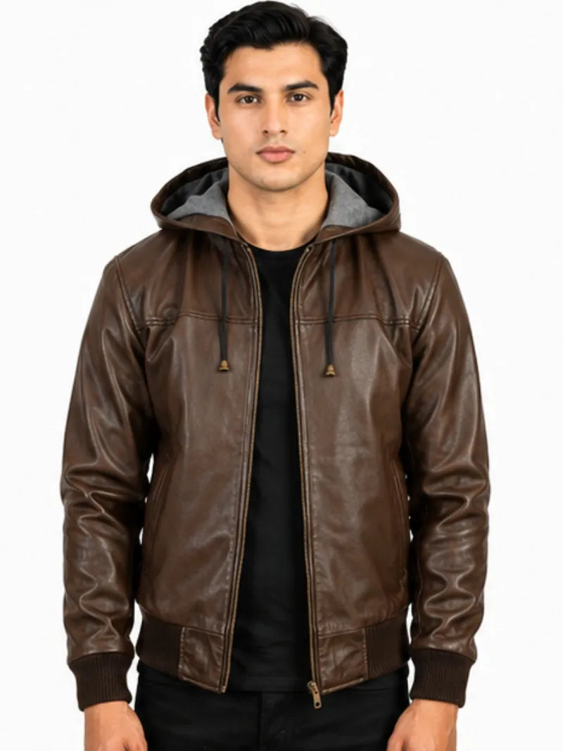 Men's black sheepskin leather hooded jacket, zip and closure detail