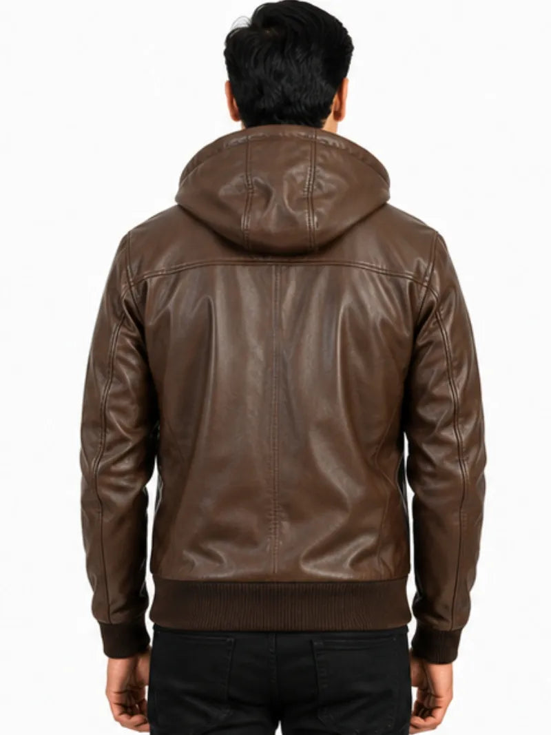 Men's black sheepskin leather hooded jacket, cuff detail