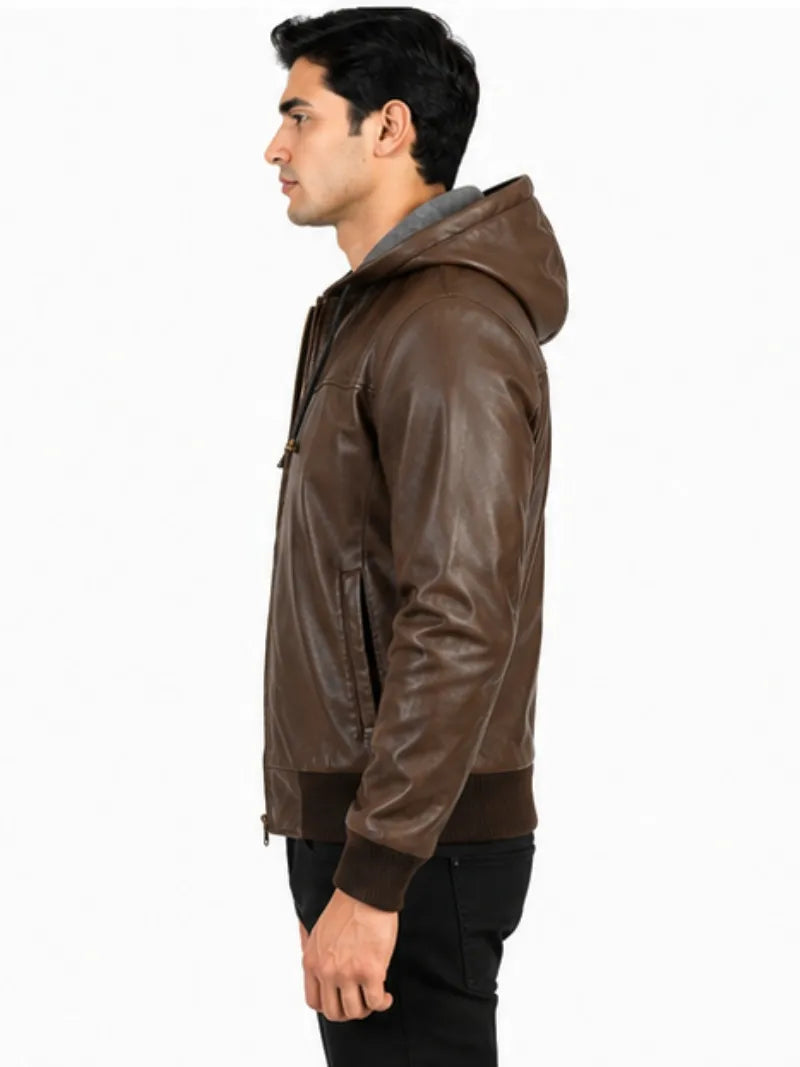 Men's black sheepskin leather hooded jacket, pocket detail