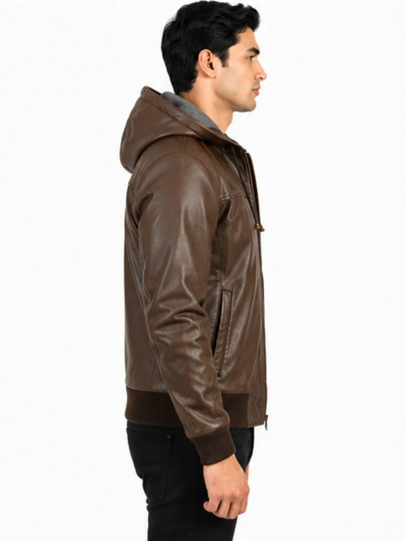 Men's black sheepskin leather hooded jacket, lining detail