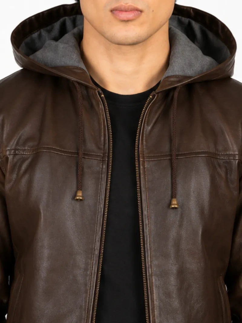Men's black sheepskin leather hooded jacket, full length