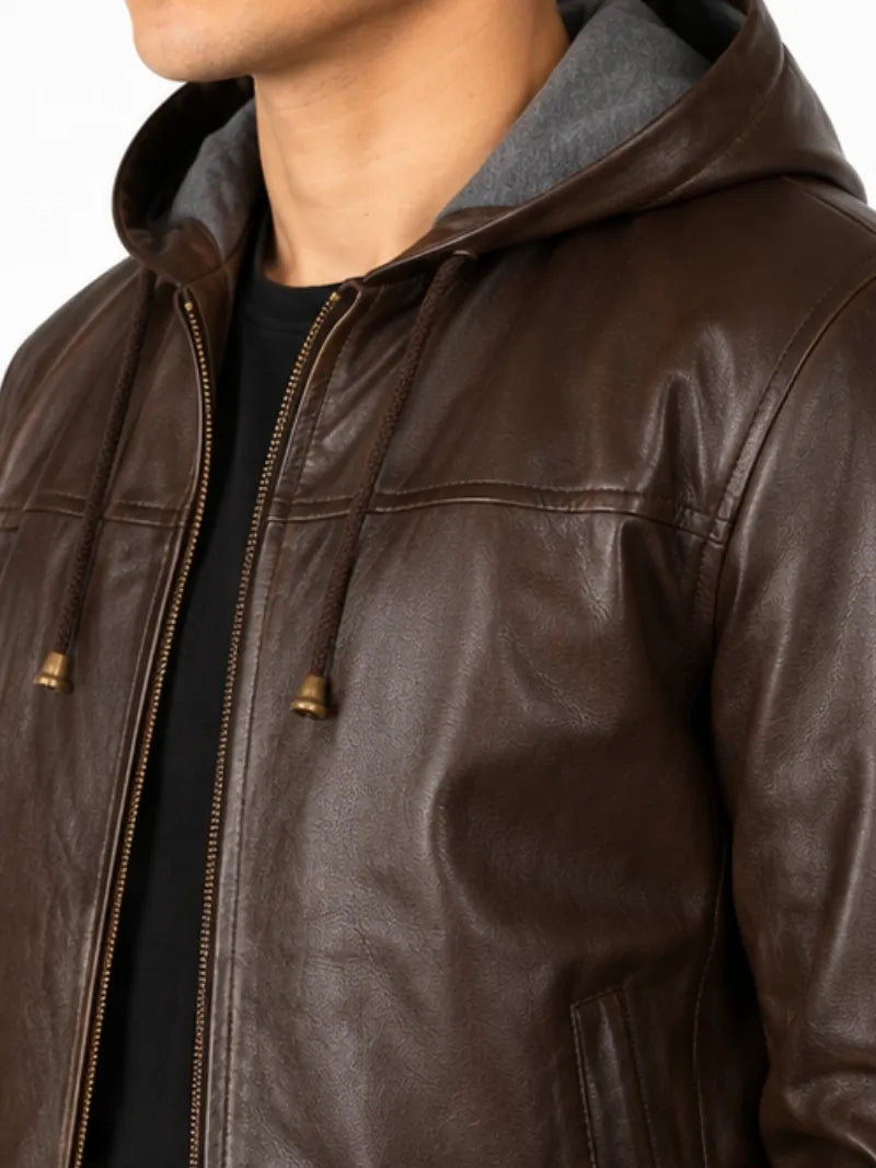 Men's black sheepskin leather hooded jacket, worn on model