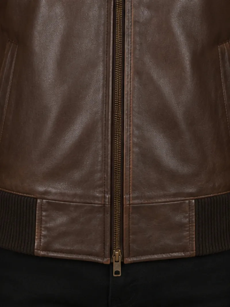 Men's black sheepskin leather hooded jacket, front view