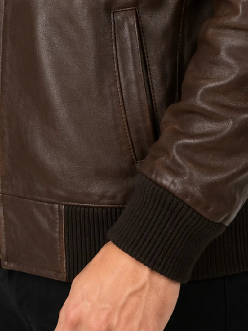 Men's black sheepskin leather hooded jacket, back view