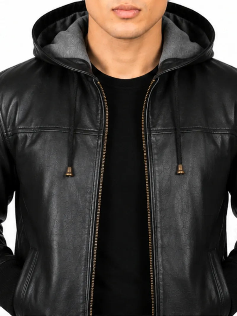 Men's black sheepskin leather hooded jacket, side view