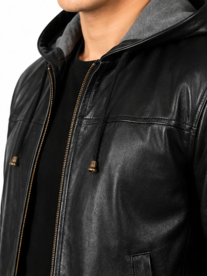Men's black sheepskin leather hooded jacket, collar detail