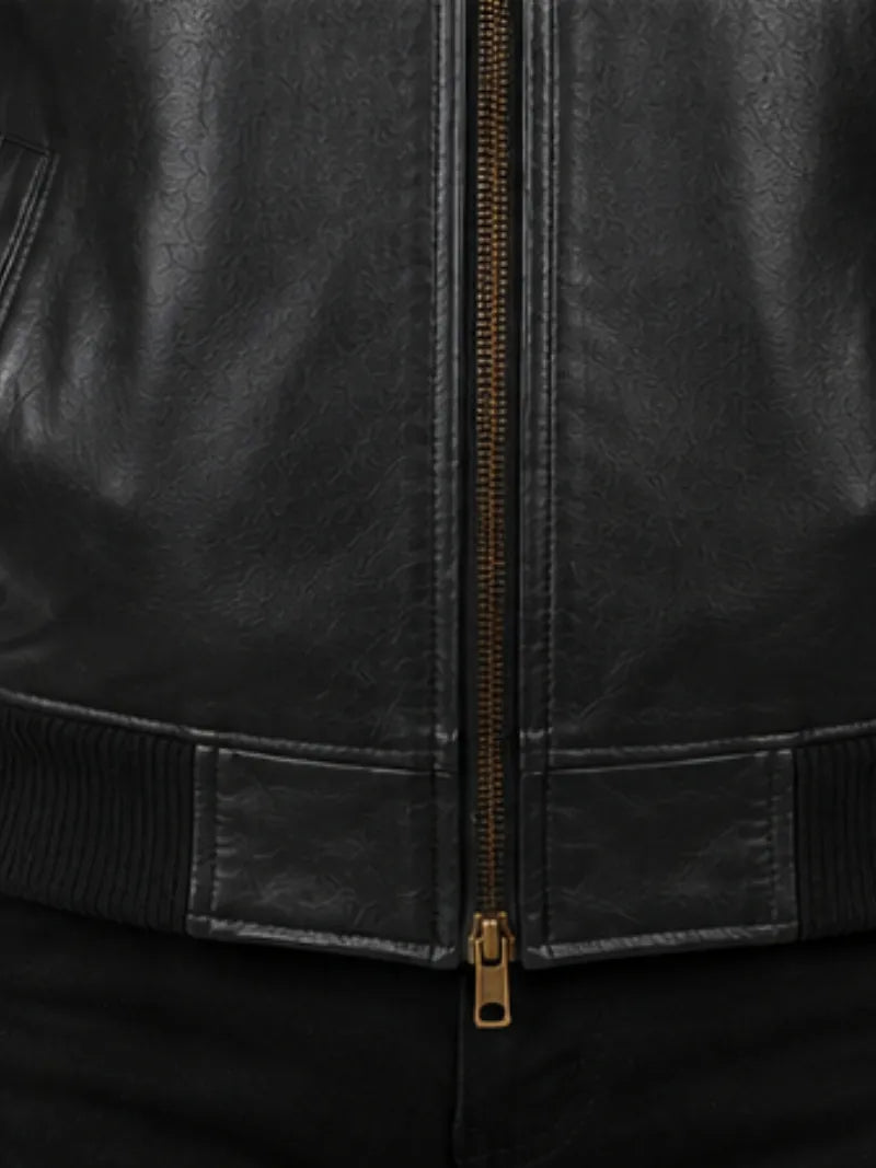 Men's black sheepskin leather hooded jacket, zip and closure detail