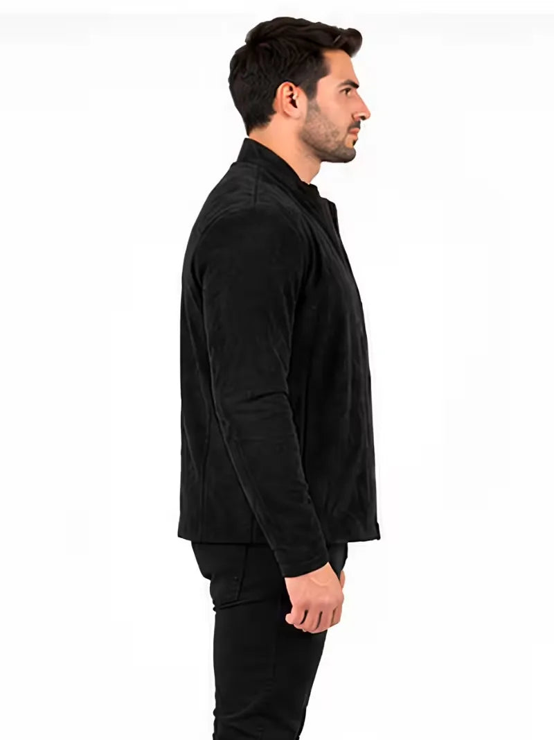 Men's brown sheepskin leather jacket, side view