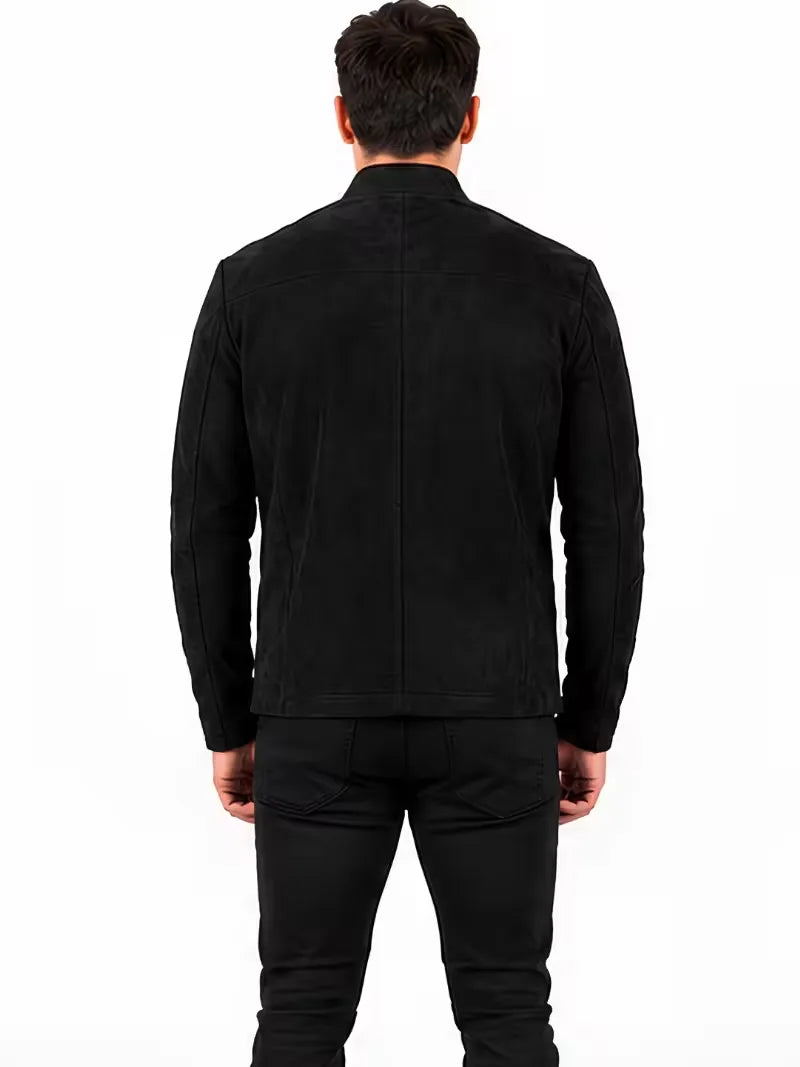 Men's brown sheepskin leather jacket, back view