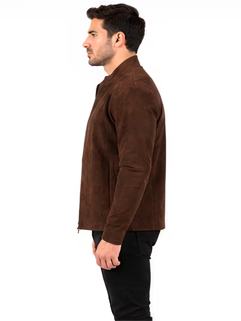Men's brown sheepskin leather jacket, pocket detail