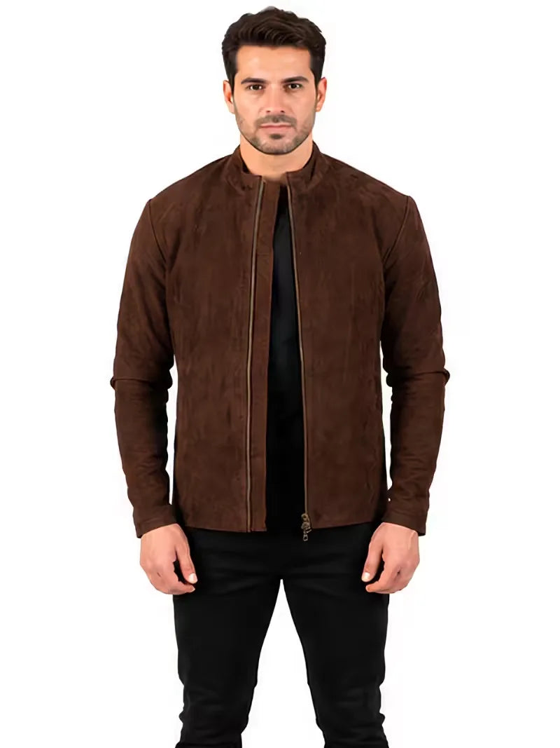 Men's brown sheepskin leather jacket, zip and closure detail