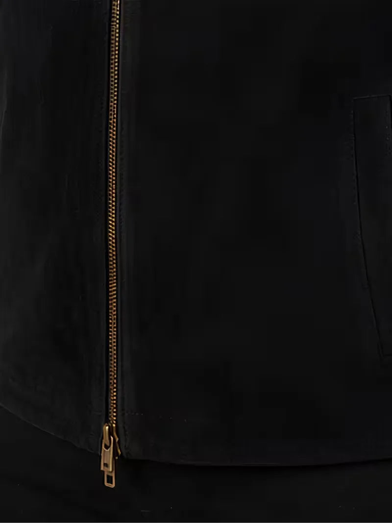 Men's brown sheepskin leather jacket, zip and closure detail