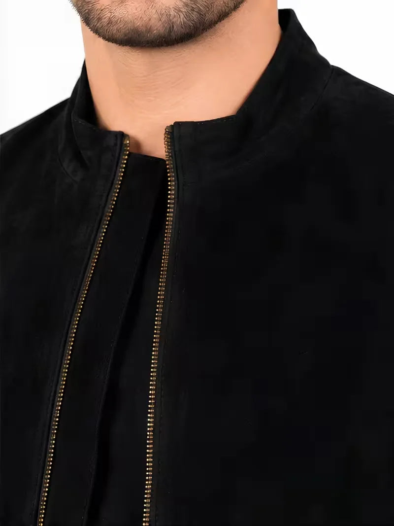 Men's brown sheepskin leather jacket, collar detail