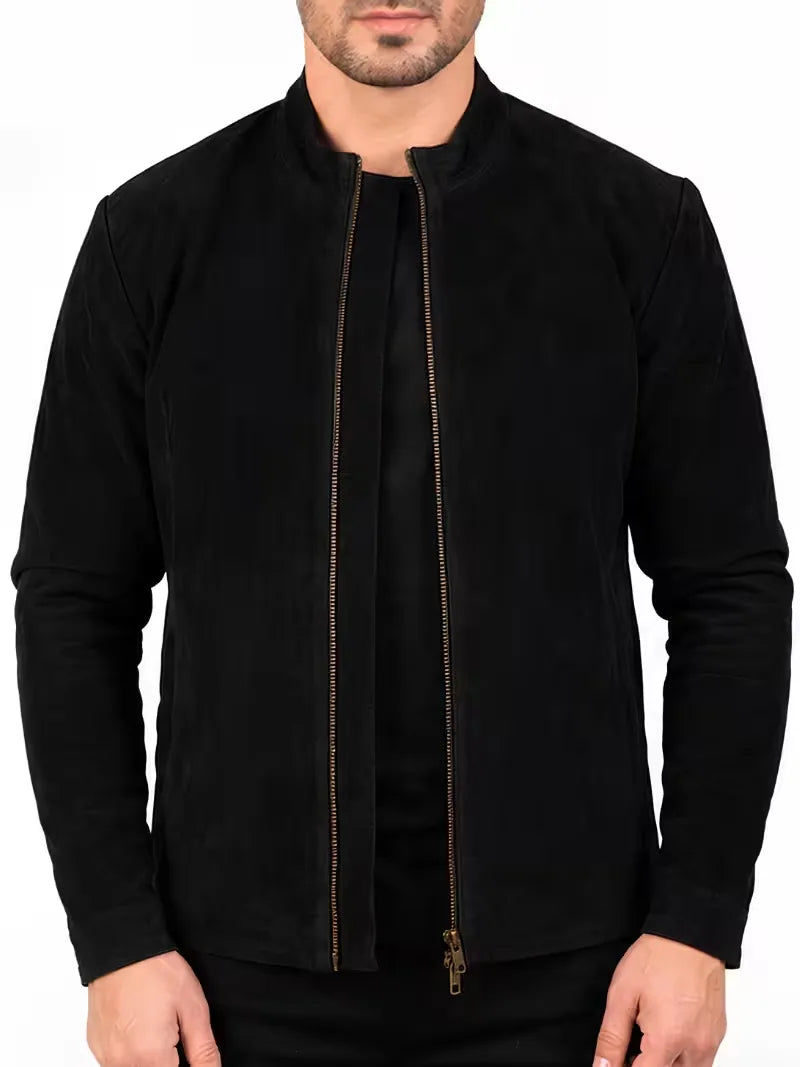 Men's brown sheepskin leather jacket, side view