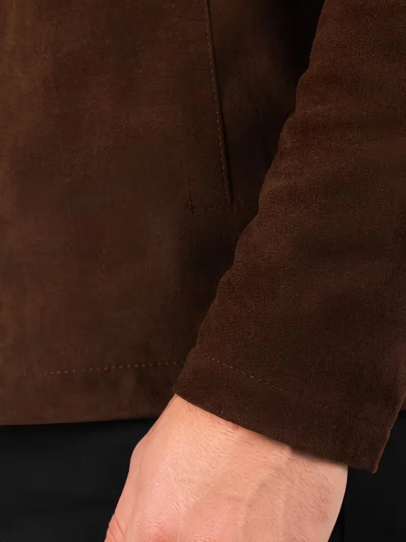 Men's brown sheepskin leather jacket, back view