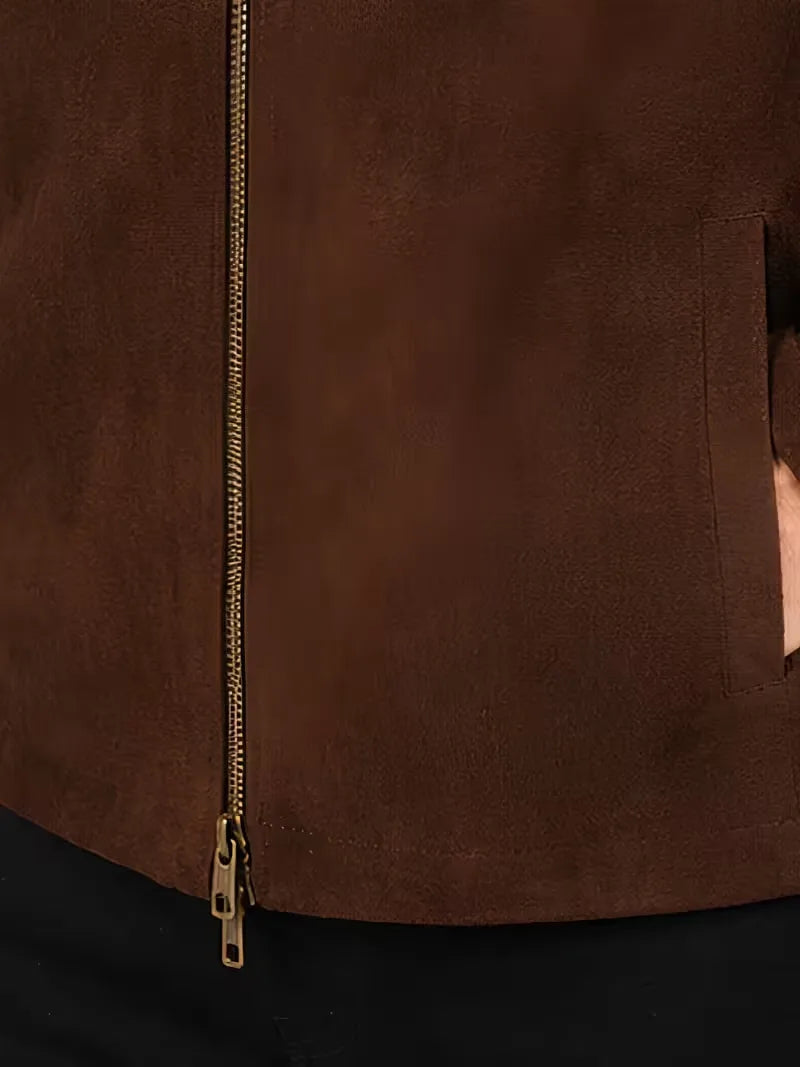 Men's brown sheepskin leather jacket, front view