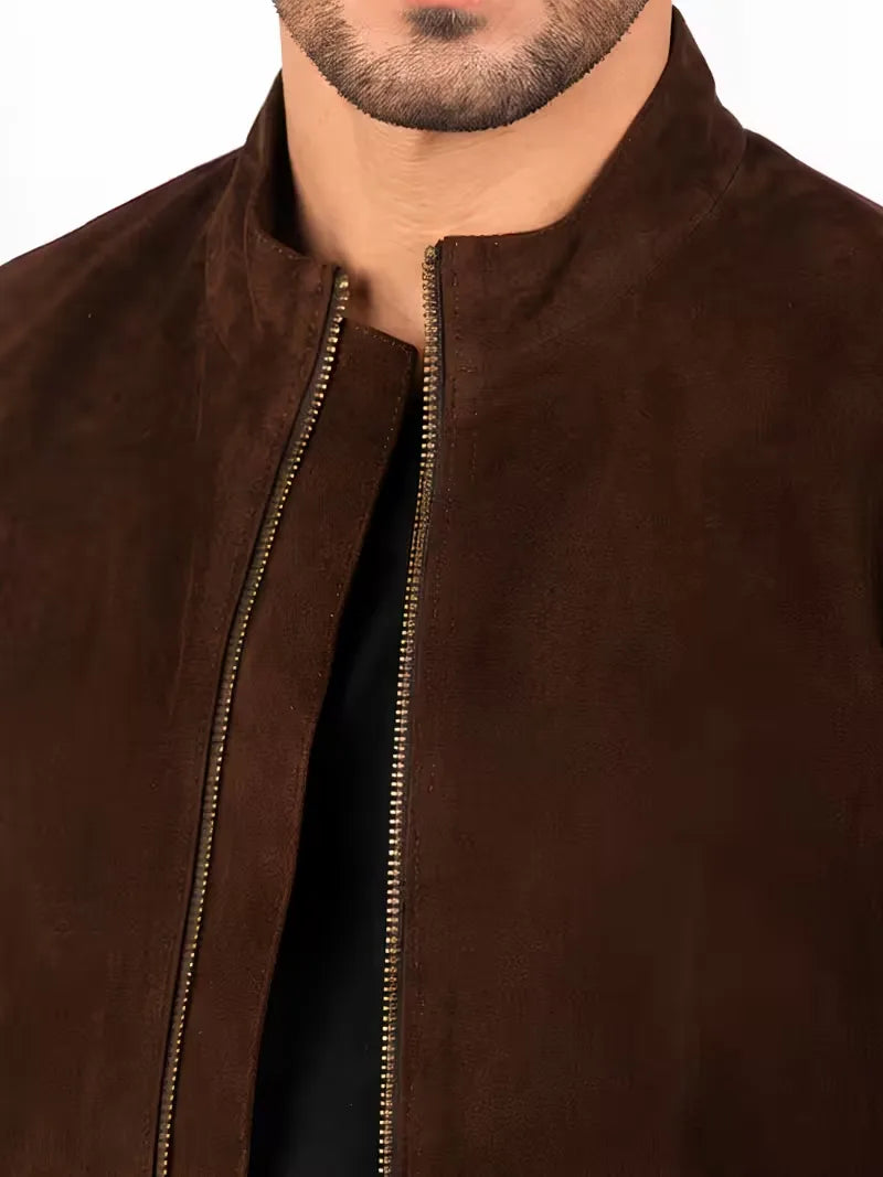 Men's brown sheepskin leather jacket, worn on model