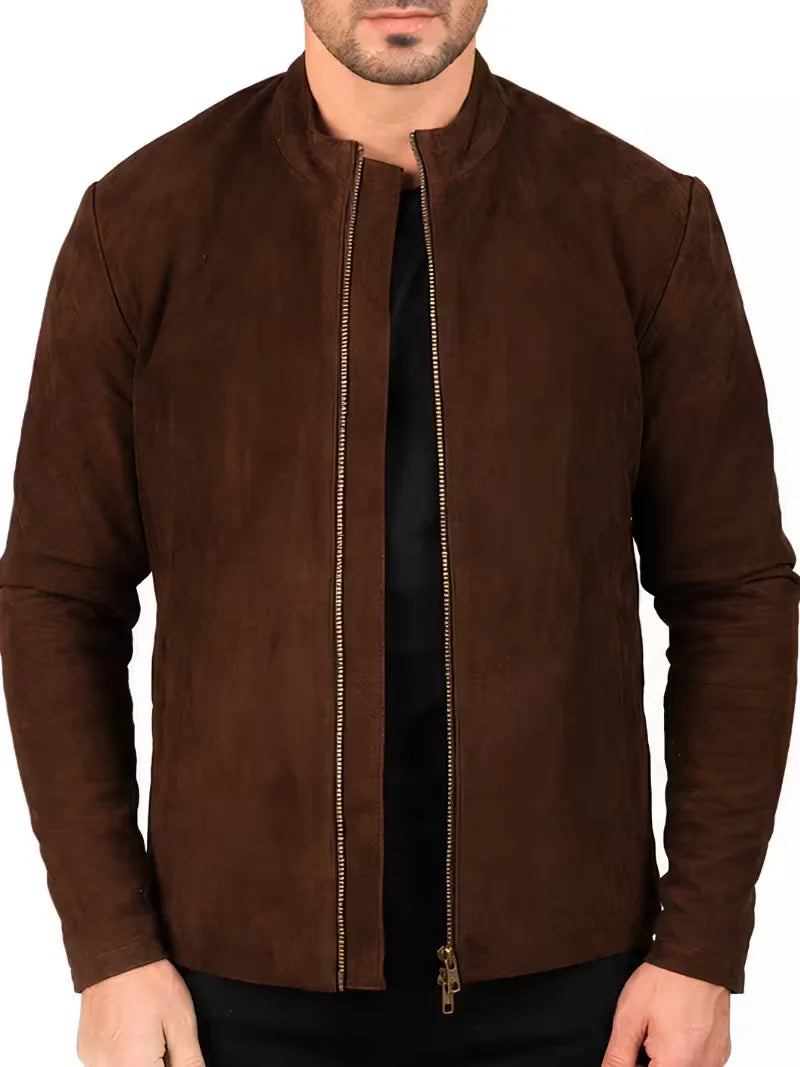 Men's brown sheepskin leather jacket, full length