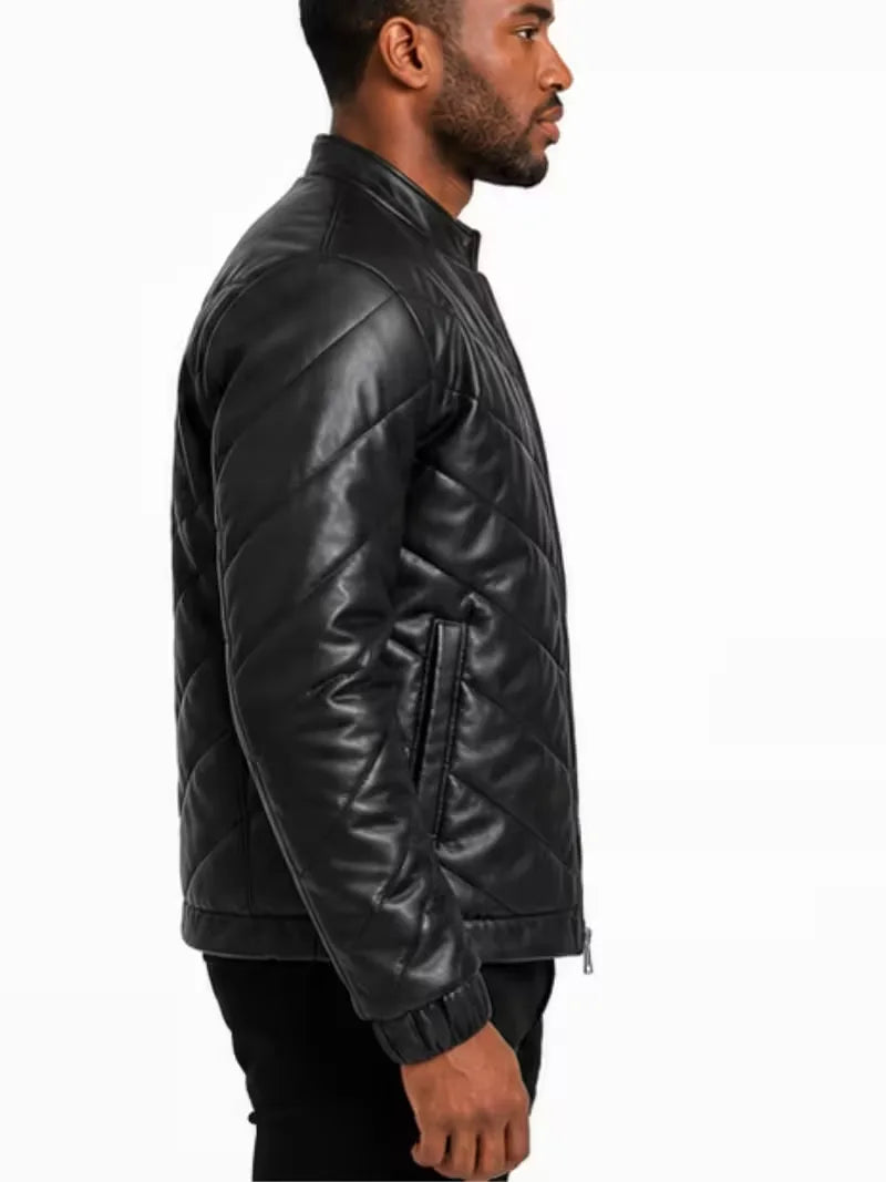 Men's black sheepskin leather jacket, side view