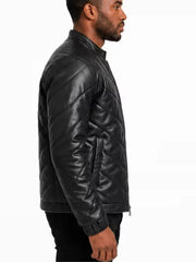Men's black sheepskin leather jacket, side view