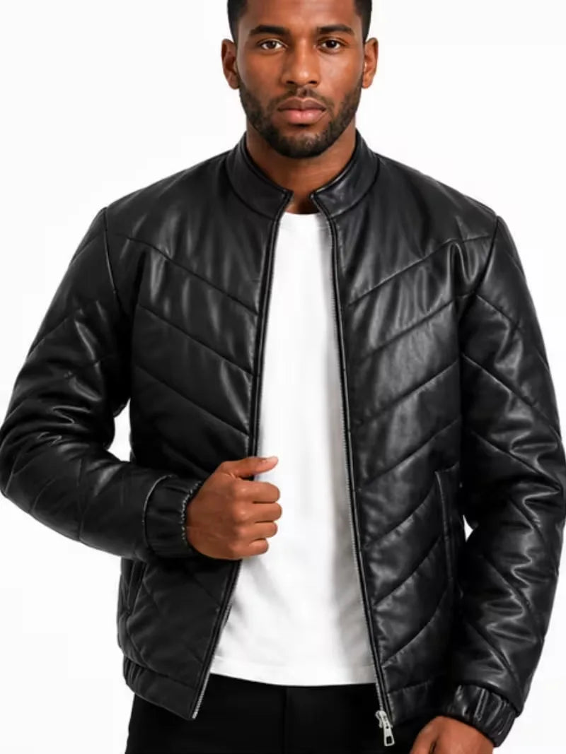 Men's black sheepskin leather jacket, front view