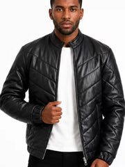 Men's black sheepskin leather jacket, front view