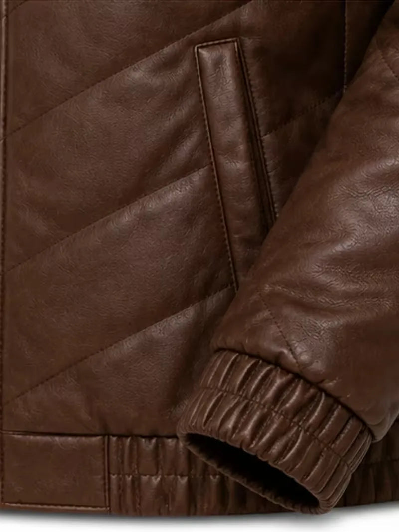Men's black sheepskin leather jacket, back view