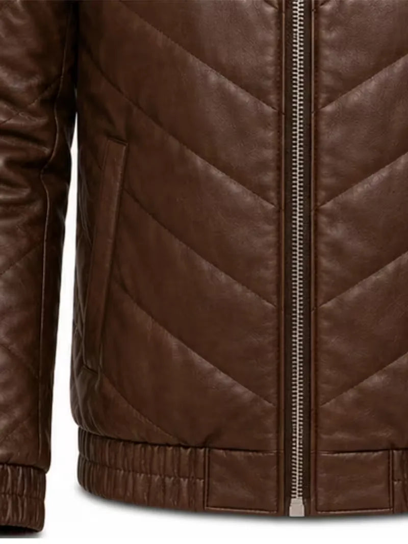Men's black sheepskin leather jacket, front view