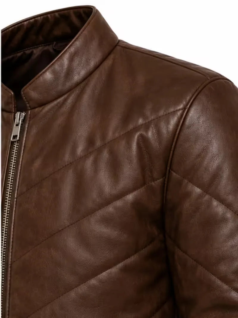 Men's black sheepskin leather jacket, worn on model