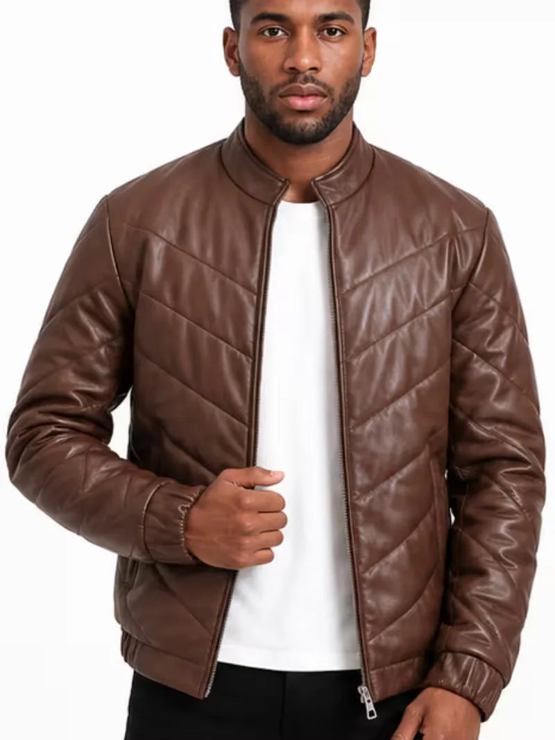 Men's black sheepskin leather jacket, zip and closure detail