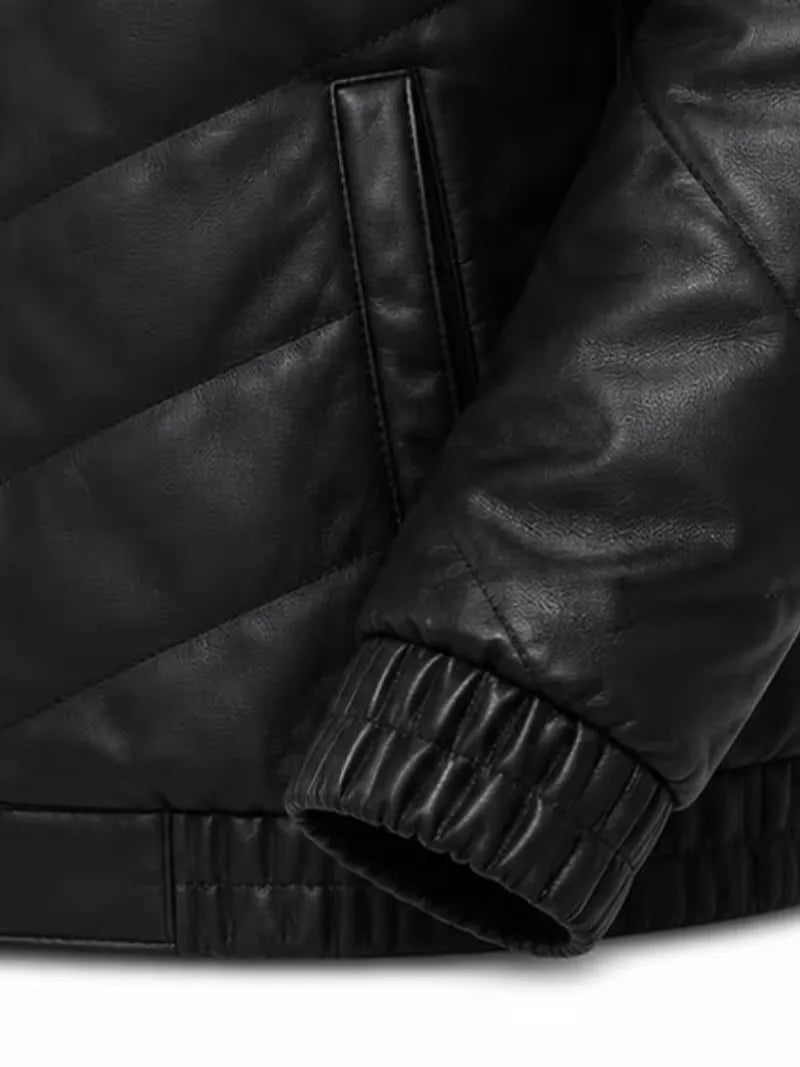 Men's black sheepskin leather jacket, side view