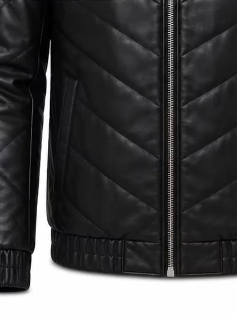Men's black sheepskin leather jacket, collar detail