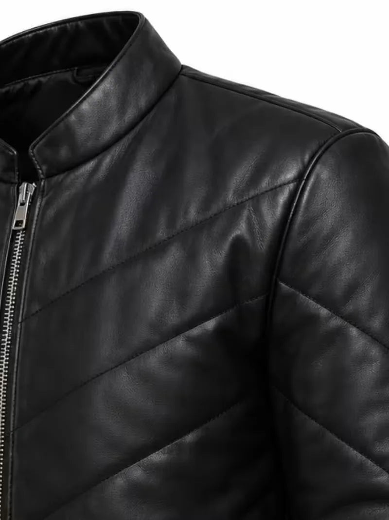 Men's black sheepskin leather jacket, zip and closure detail