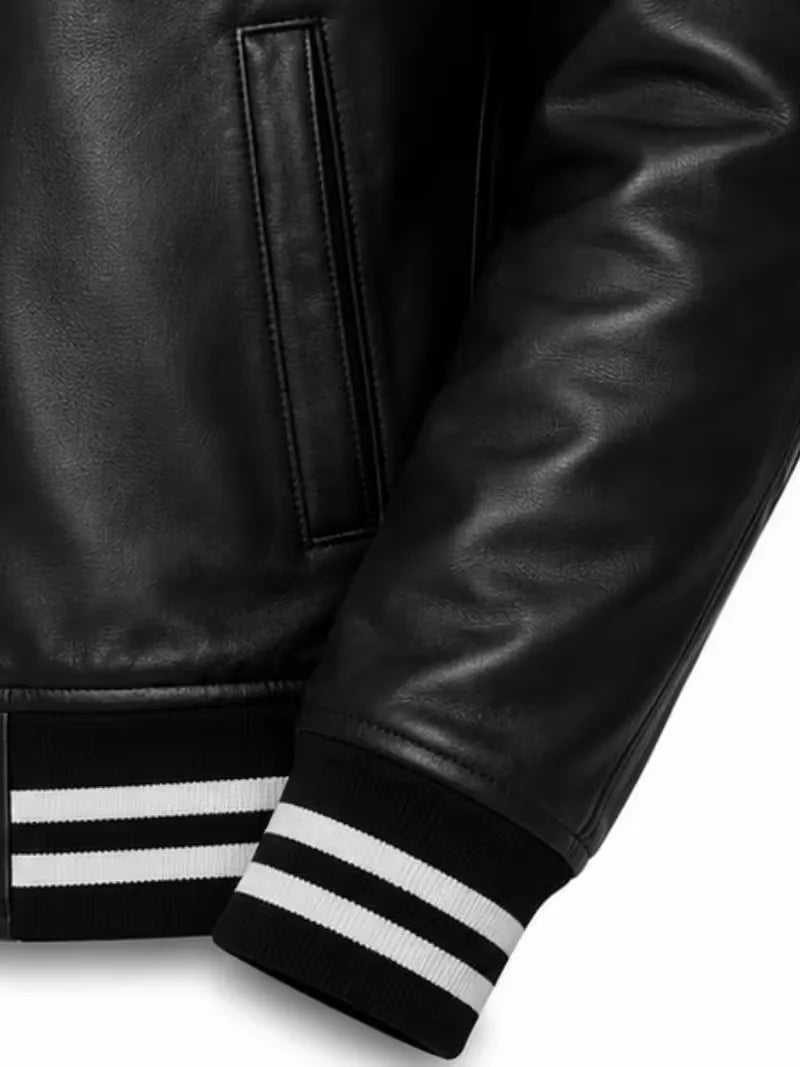 Men's black sheepskin leather jacket, lining detail
