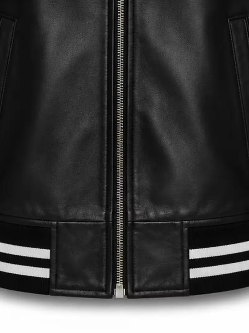 Men's black sheepskin leather jacket, pocket detail
