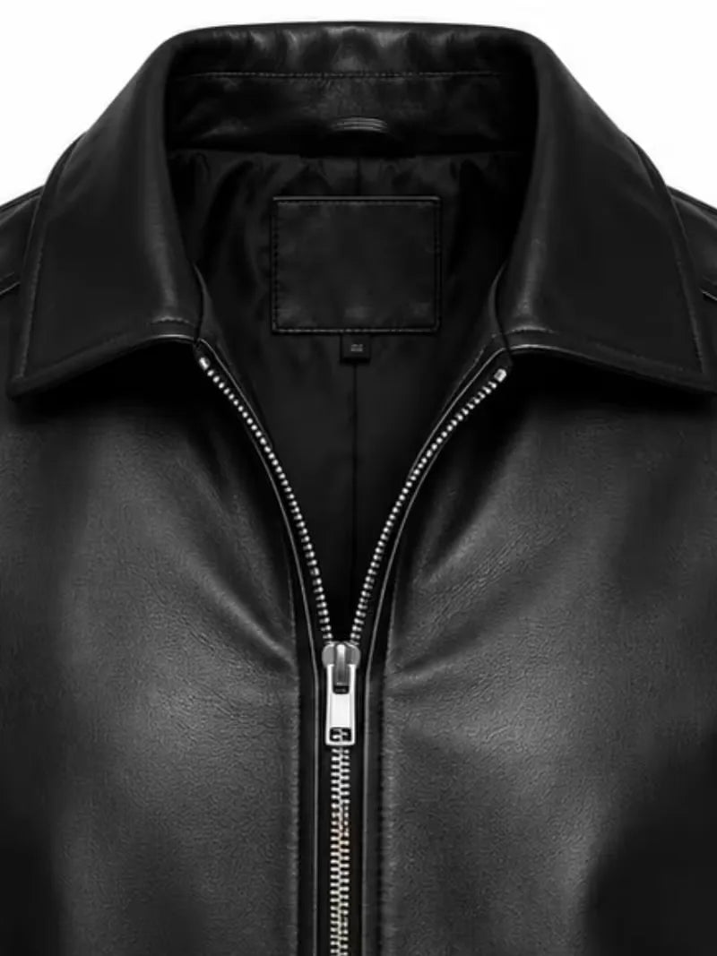 Men's black sheepskin leather jacket, zip and closure detail