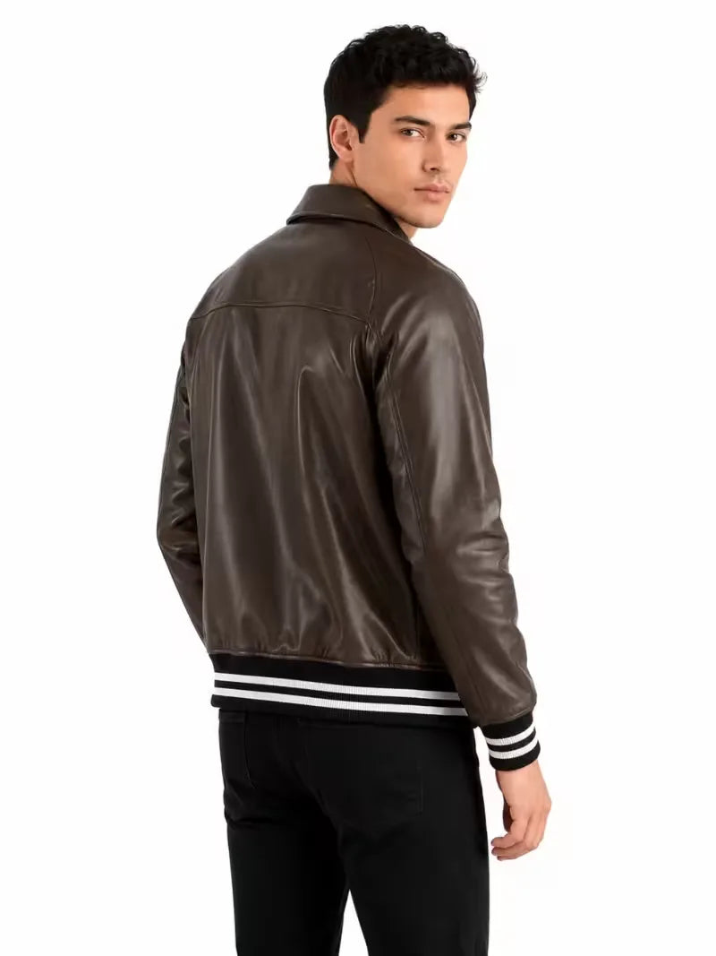 Men's black sheepskin leather jacket, collar detail