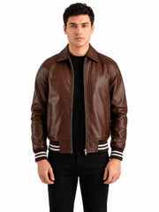 Men's black sheepskin leather jacket, side view