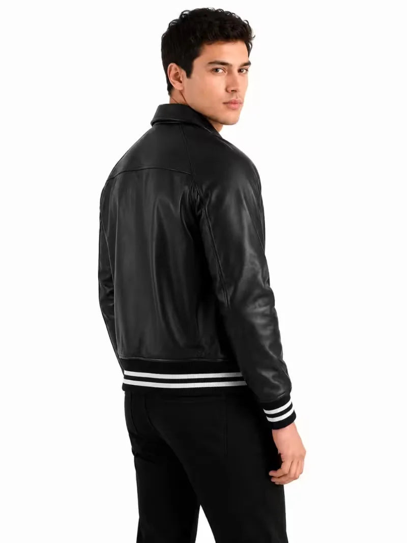 Men's black sheepskin leather jacket, back view