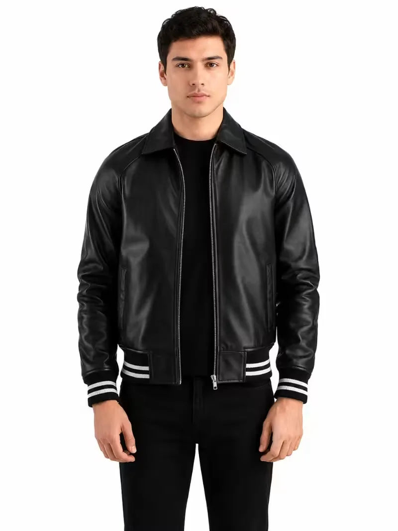Men's black sheepskin leather jacket, front view