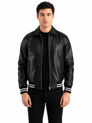 Men's black sheepskin leather jacket, front view